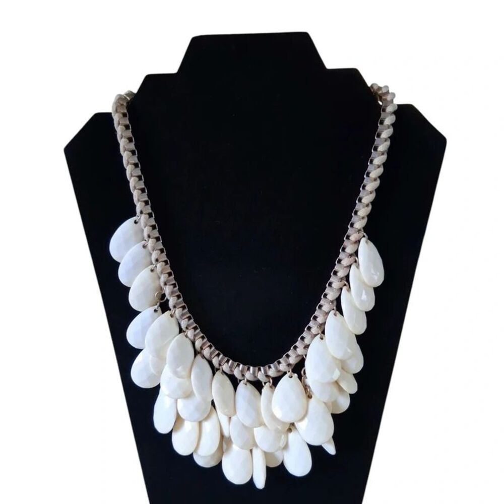 Off White Cascading Teardrop Faceted Beads Chunky Bib Style Statement Necklace
